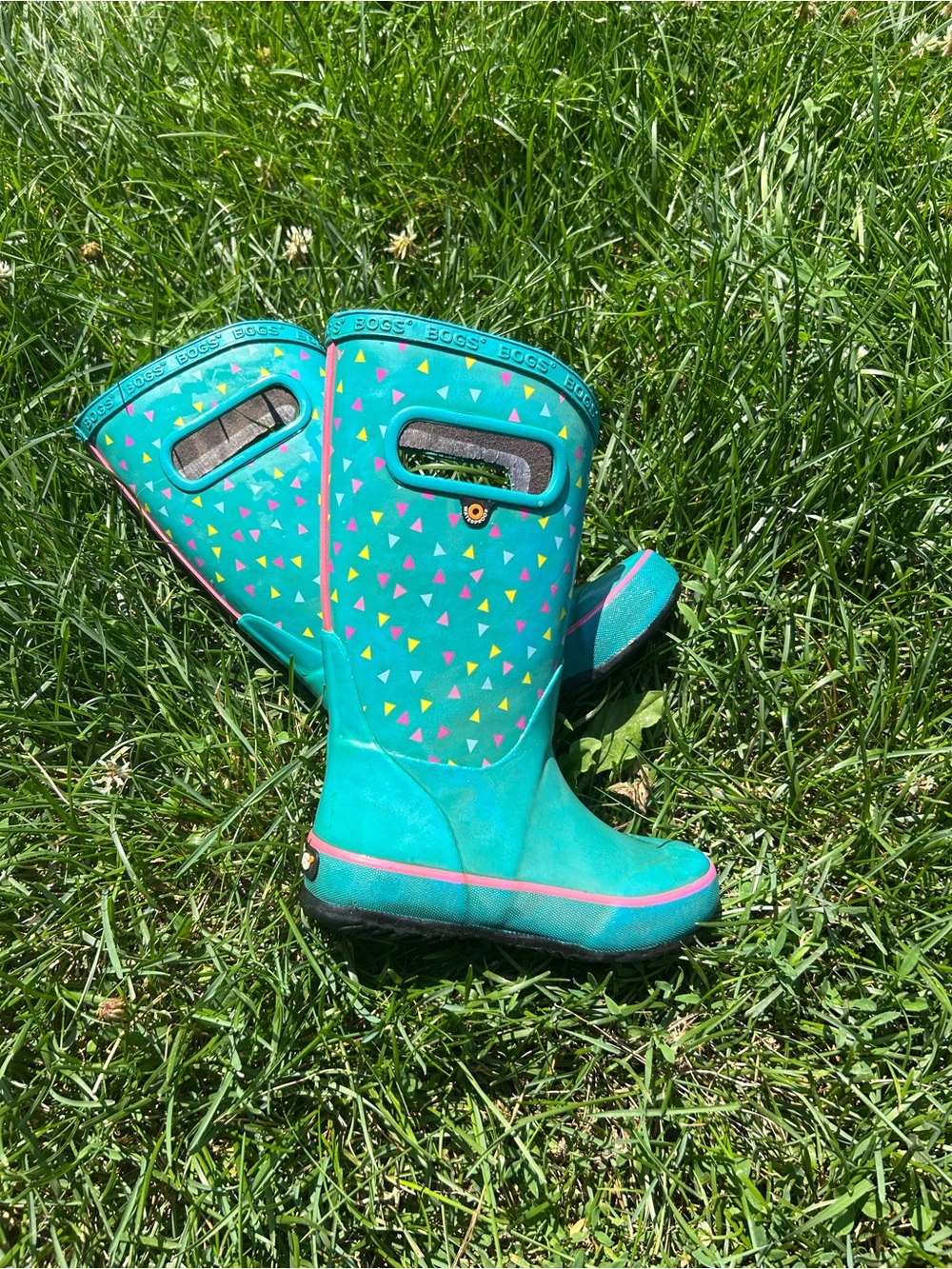 Bogs Kids Teal Rain Boots with Pink and Yellow Triangle Print